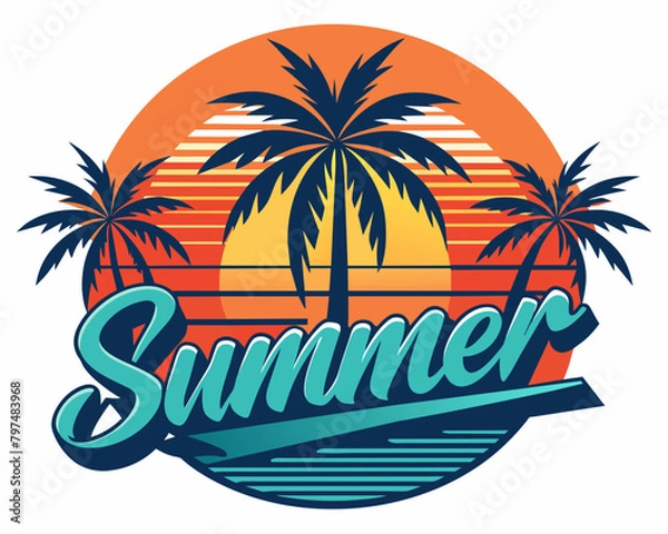 Fototapeta Summer t-shirt design. Retro and vintage summer vibes t-shirt design with palm tree, sea beach, and sunset vector illustration.