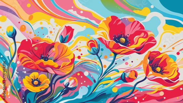 Obraz Vibrant Poppy Field Illustration with Abstract Colorful Background
