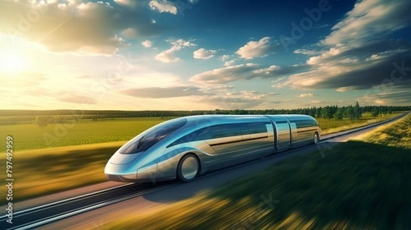 Fototapeta Futuristic Train Speeding in Daylight