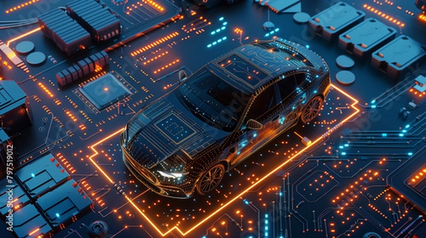 Fototapeta  a chip designed for automotive applications, featuring ruggedized construction, temperature tolerance, and embedded security features for autonomous driving and vehicle connectivity.