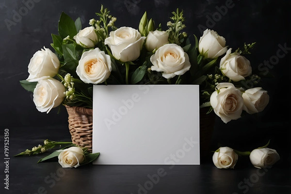 Fototapeta White blank condolence card with fresh flowers on the dark background. Empty place for a text