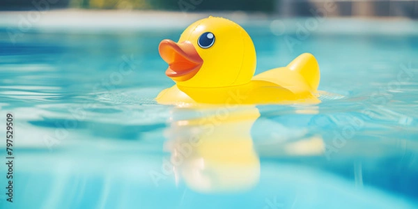 Obraz Rubber duck in blue water, Close up view of a yellow rubber duck floating in water in an outdoor swimming pool, GENERATIVE AI
