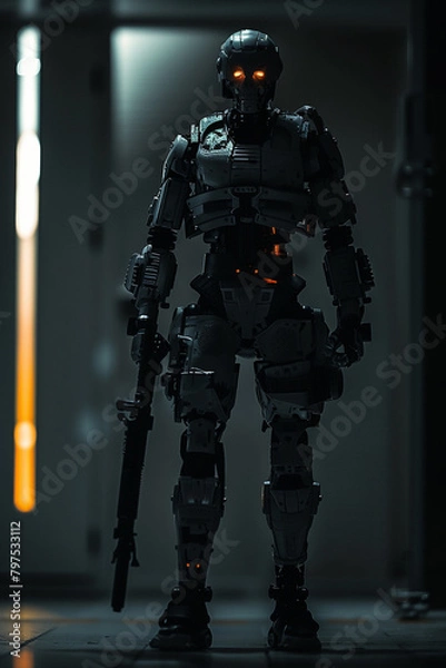 Fototapeta The robotic assassin stands silently in the shadows, awaiting the perfect moment to strike, hyper realistic, low noise, low texture