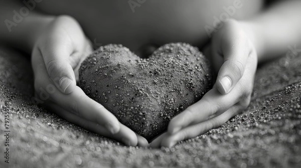 Fototapeta black and white photo of woman's hands holding heart shape on black background