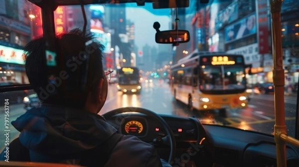 Fototapeta A bus driver navigating through the bustling city traffic