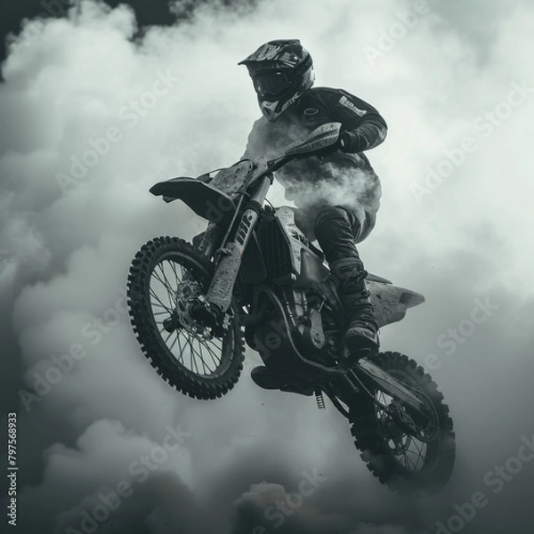Fototapeta Motorcycle Jump with Smoke - Cinematic Black and White Action Scene - Dynamic Motocross Stunt in Dense Smoke - Intense and Dramatic - Generative AI