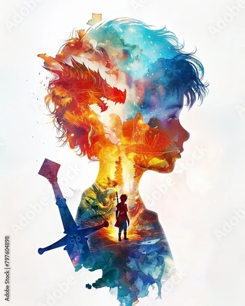 Fototapeta Watercolor illustration of a warrior knight boy in a fairy tale world 