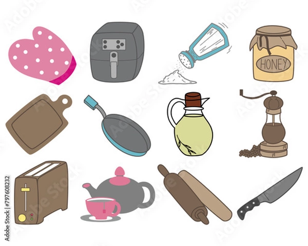 Obraz Hand drawn of kitchen doodle set and color design. Vector illustration on white background.