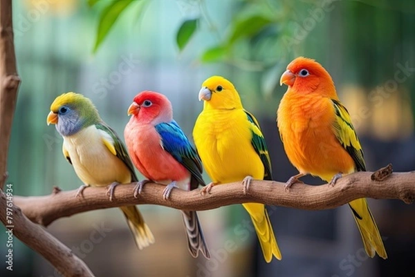 Obraz Four colorful parrots are perched on a branch