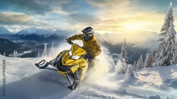 Obraz A man is riding a yellow snowmobile on a snowy mountain
