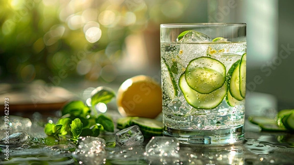 Fototapeta Refreshing Glass of Water With Cucumber Slices and Mint