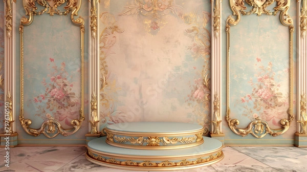 Obraz Pastel-colored walls decorated with rococo floral patterns and a decorative podium