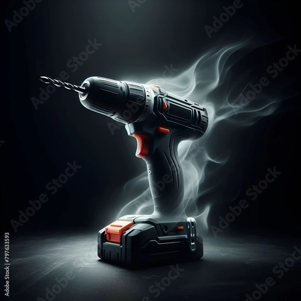 Fototapeta A power drill emitting smoke on a black surface