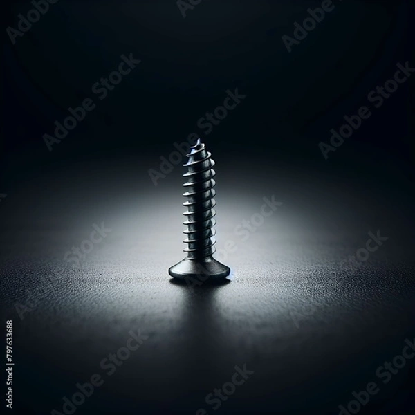 Fototapeta A screw on a black surface with a dark background