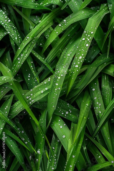 Fototapeta The textured surface of dew-covered grass blades, featuring sparkling droplets and lush greenery. Dewy grass textures offer a fresh and rejuvenating backdrop.