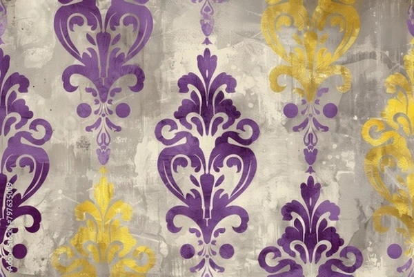 Fototapeta Purple and gold damask patterns dance on a speckled parchment texture for a regal aesthetic.