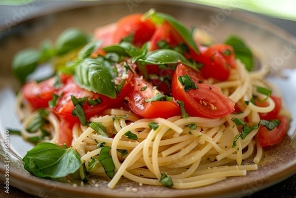 Fototapeta Red Tomato and Green Basil Spaghetti Delight