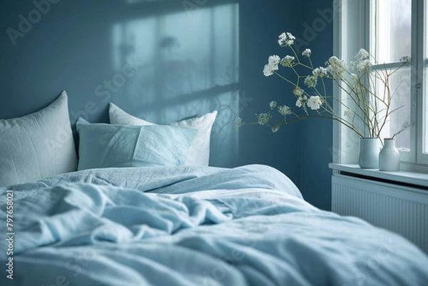 Fototapeta Pastel-toned minimalist bedroom with sleek bed frame, blue and white palette, lit by twilight in a Stockholm home