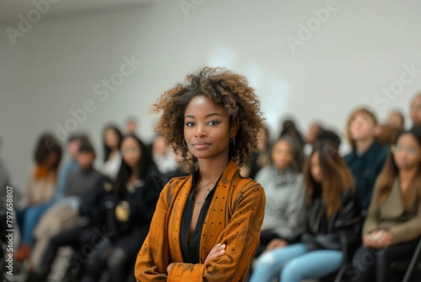 Obraz a beautiful African-American girl is at a general meeting to solve current problems and looks at the camera. Audience with listeners discussing the process in the background. 