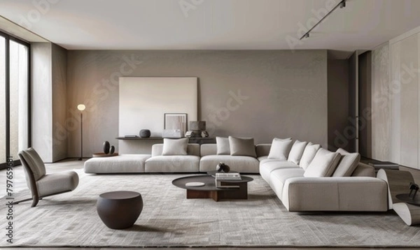 Fototapeta Minimalistic living room interior with panoramic windows, sitting area, concrete, gray tones