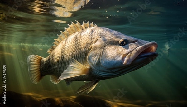 Obraz Large Barramundi Fish With Mouth Open in Water