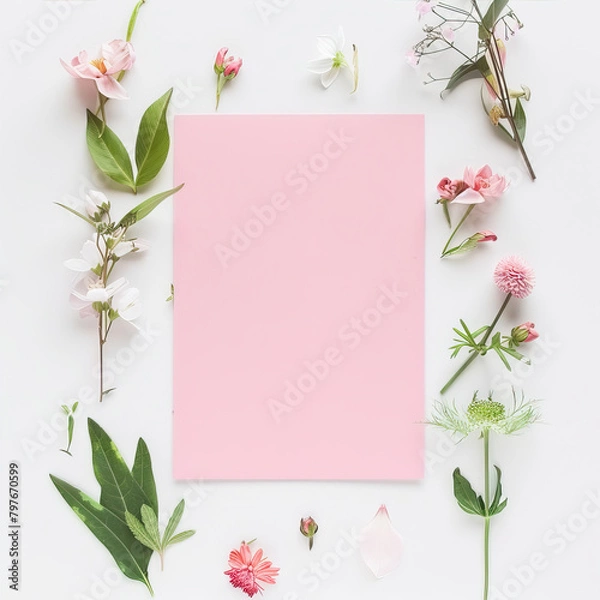 Fototapeta Pink sheet of paper on a white table with flowers around
