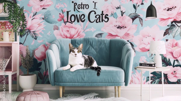 Fototapeta A white cat is sitting on a blue couch in a room with a pink floral wallpaper, the image has a retro style and conveys a feeling of nostalgia and evokes a sense of calm and tranquility.