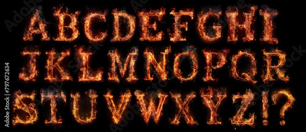 Fototapeta Fire font alphabet made of burning letters on black background.