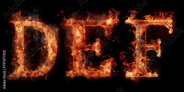 Fototapeta Fire letters DEF font alphabet made of burning letters on black background