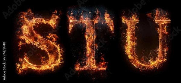 Fototapeta Fire letters STU font alphabet made of burning letters on black background