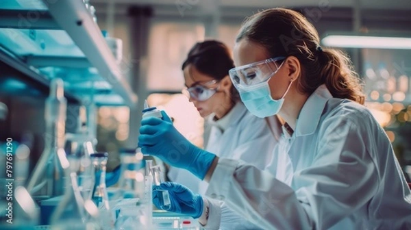 Fototapeta Two women in lab coats are wearing masks and gloves while working with chemicals