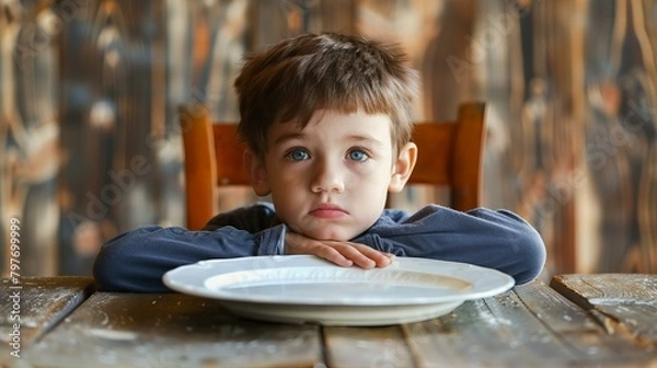 Fototapeta sad, hungry, starving boy with empty plate, concept of poverty and malnutrition 