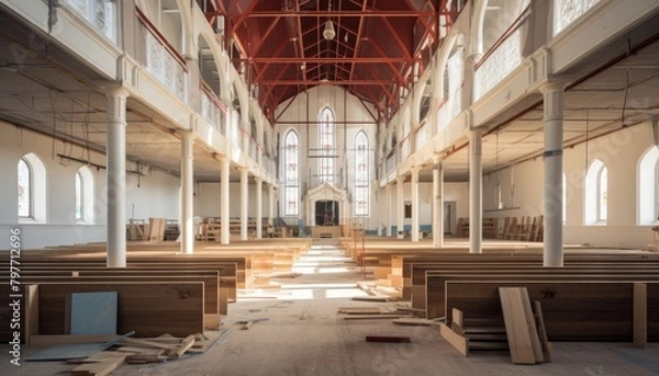 Obraz An empty church with wooden benches and large windows, showing a serene atmosphere