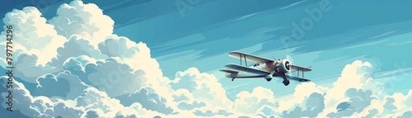 Obraz Vintage aviation background with stylized biplanes and clouds, nostalgic and airy, illustration art, sky blue and white palette, no modern aircraft