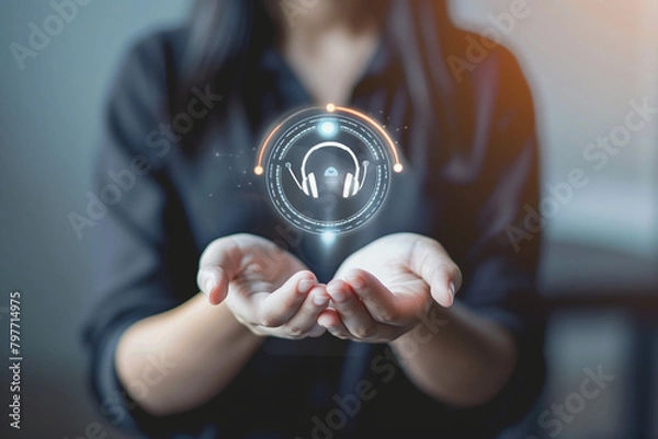 Fototapeta Call center, online customer support concept. Person holding call center icon for personal assistant service. Generative AI