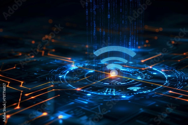 Obraz Abstract digital connectivity concept with glowing Wi-Fi symbol on blue background. Generative AI