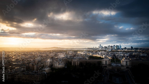 Obraz View over the river seine at sunset. Wide angle landscape photo of the city of Paris