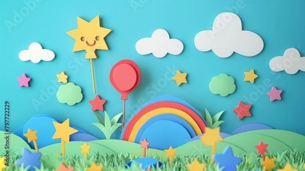 Fototapeta Cute Paper Cutout Sky Scene with Rainbow and Stars