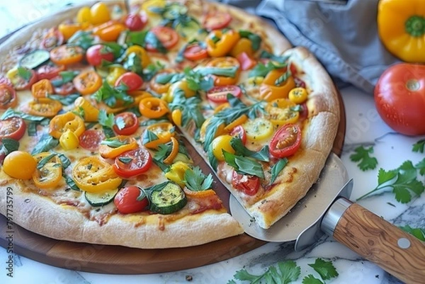 Fototapeta Baked Freshly Pizza: Colorful Garden Feast on Wooden Slicer