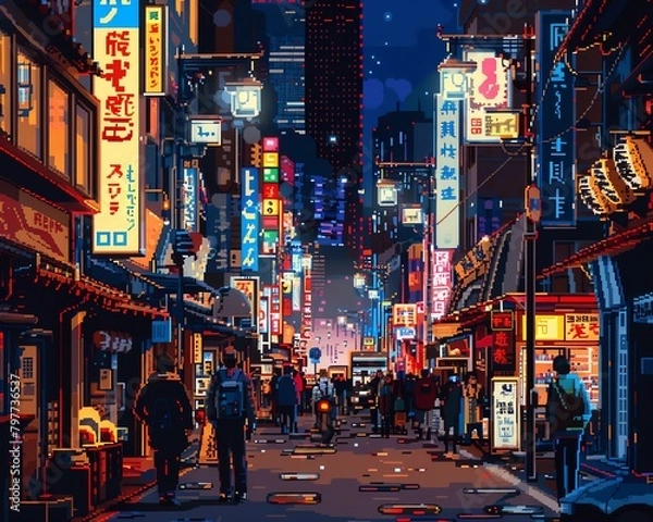 Fototapeta Retro pixel art modern Tokyo street at night with neon signs and busy crowds