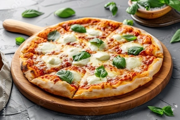 Fototapeta Stretchy Mozzarella and Basil Freshly Baked Pizza on Wooden Dinner Board