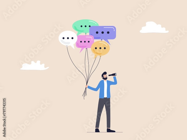 Fototapeta A visionary entrepreneur holding many chat balloons, the importance of communication in business