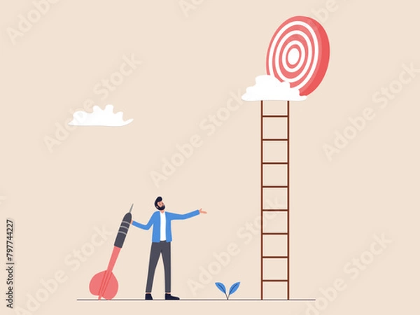 Fototapeta Confused Man Holding Arrow, Target High on Stairs: Ambition Challenge
