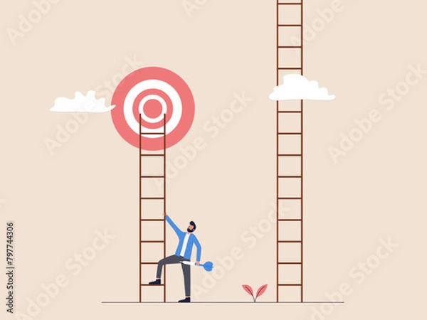 Fototapeta Businessman Climbing Ladder to Hit Arrow Target: Strategic Decision
