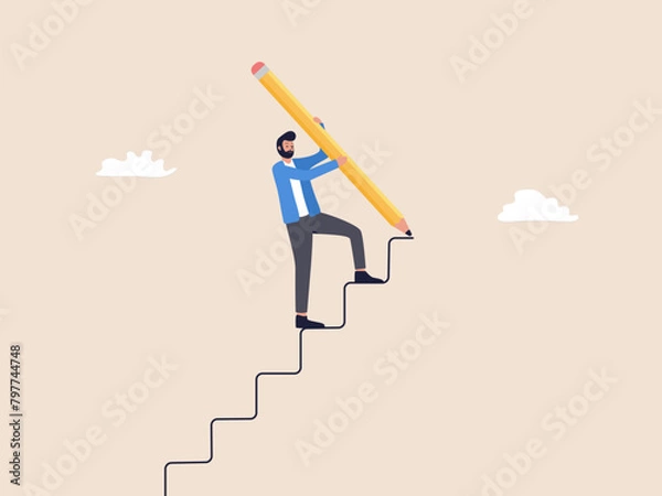 Fototapeta Businessman Building Success Stairs with Giant Pencil in Hand