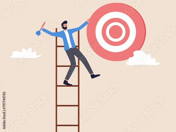 Fototapeta the businessman at the top of the ladder wants to put an arrow in the target