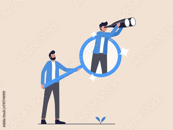 Fototapeta Man Holding Magnifying Glass with Reflection of Another Man Observing Through Binoculars
