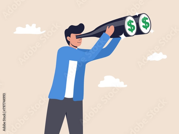Fototapeta Businessman Peering Through Binoculars with Dollar Reflection