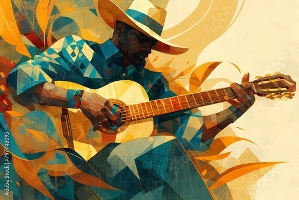 Fototapeta Abstract art style cubist portrait of an African American man playing the guitar wearing a hat, geometric shapes and vibrant colors
