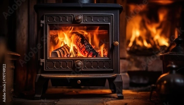 Fototapeta A wood burning stove radiates intense flames, casting a warm glow in a dark room